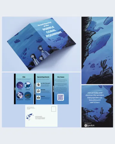 A one pager showcasing an invitation folder for an aquarium with it's inserts and contents.