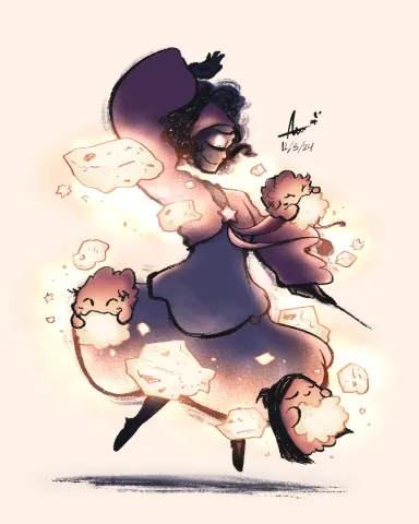 A magical woman floating with meteors surrounding her.