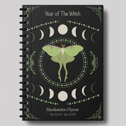 photo of a journal with phases of the moon and a butterfly on it