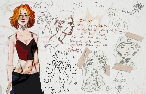 Illustrative collage including an illustration of the artist and other sketches