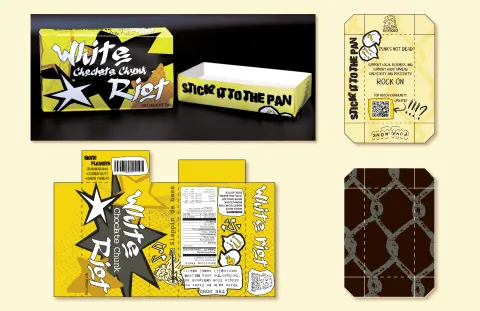 Image showing the design and packaging for the PUNK MUNK Cookies brand. On the right is the tray and the left shows a picture of the actual package and the outside design.