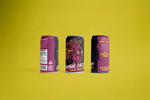 Mockup of a can label design for Iron Back Protein