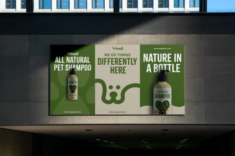 Mockup of 3 billboard posters for Wagwash Dog Shampoo