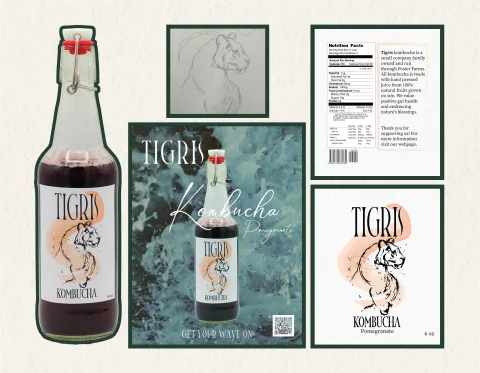 Tigris kombucha label design and advertisement