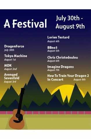 A poster for a festival showing all the bands preforming. All this set on the backdrop of some mountains at sunset. The view point being on a rooftop with a guitar resting against the low wall to the left.
