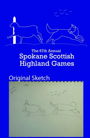 The image depicts a dog chasing a sheep into a gate. With the text saying "The 67th Annual Scottish Highland Games" 