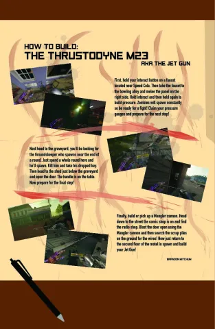The image depicts a file sitting on a table, depicting the steps on how to build the Thrustodyne wonder weapon.
