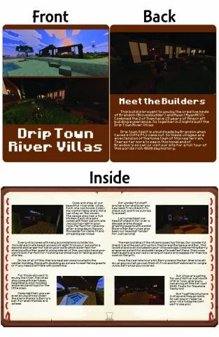 The image depicts a magazine's cover, inside pages and back cover. The contents showing riverside villas and all their amenities. 