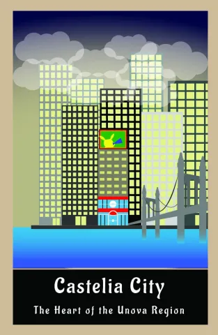 The image depicts a city skyline at night.