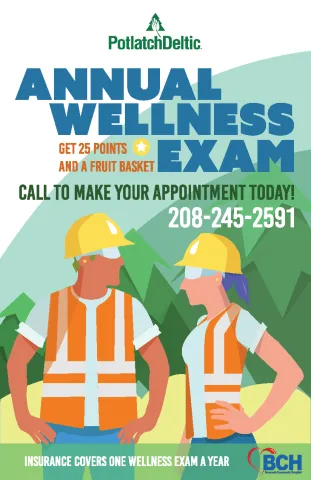 A flyer design for Potlatch Deltic and Benewah Community Hospital Wellness
